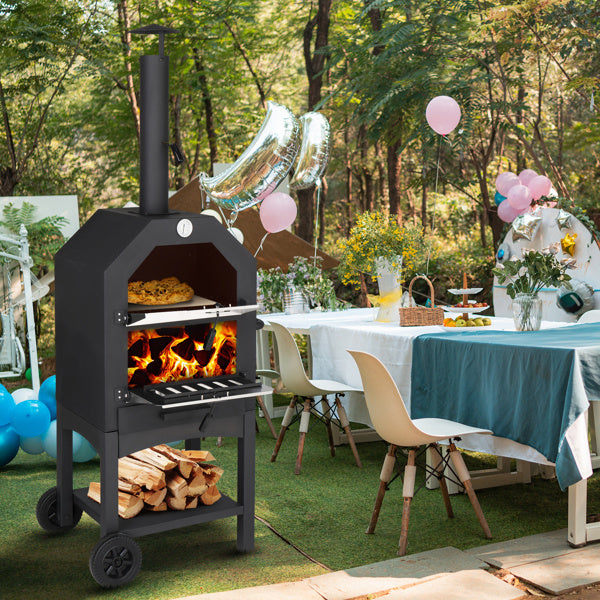 Freestanding Carbon Grill With Chimney, Wheels, Pizza Stone, And Pizza Shovel