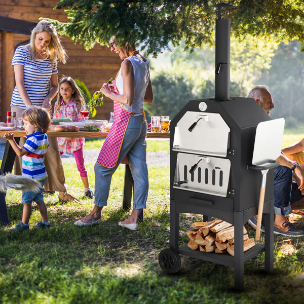 Freestanding Carbon Grill With Chimney, Wheels, Pizza Stone, And Pizza Shovel