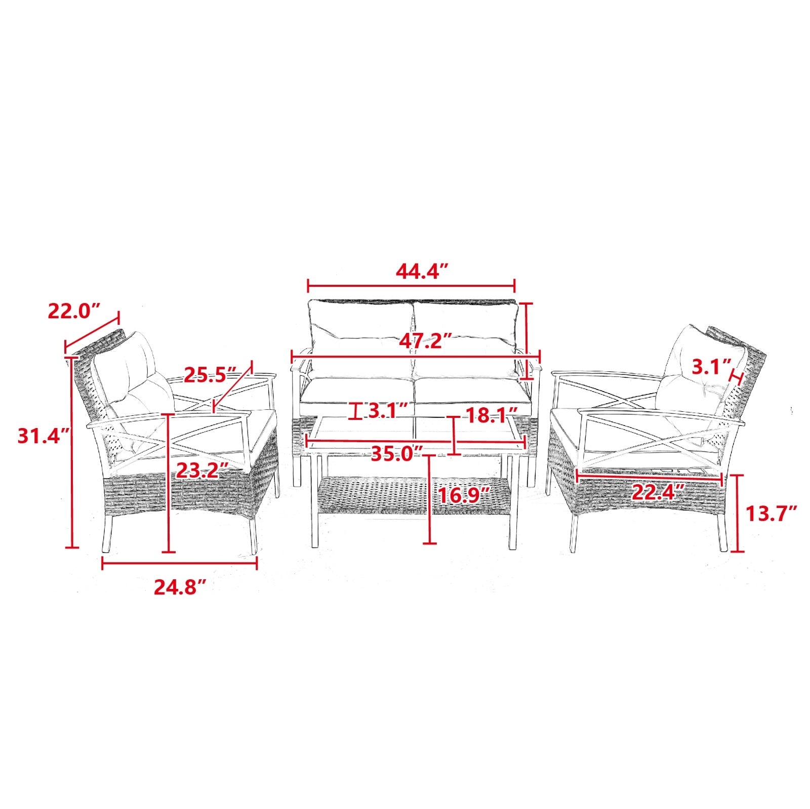 Patio 4Piece Sectional Sofa Set KD Rattan Wicker Outdoor Garden Furniture