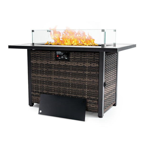 Outdoor Fire Pit 50000 BTU Propane Gas Fire Table With Lid Fireplace With Glass Windproof Willow Base Suitable For Gardens, Terraces, Backyards, 44 Inches