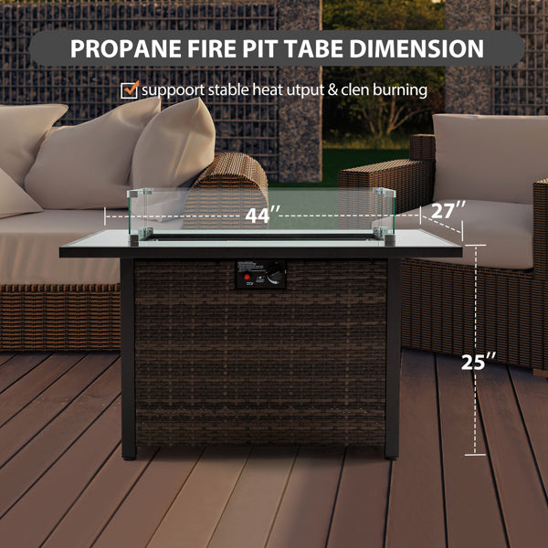 Outdoor Fire Pit 50000 BTU Propane Gas Fire Table With Lid Fireplace With Glass Windproof Willow Base Suitable For Gardens, Terraces, Backyards, 44 Inches